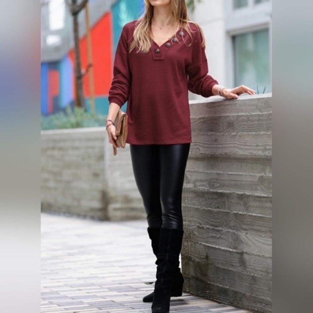 Boho Chic Brushed Waffle V-Neck Button Detail Sweater Top